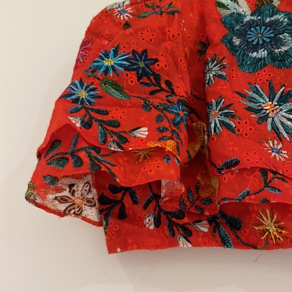 ZARA Red Floral Broderie Anglaise Cotton Layered Crop Top - Picture 5 of 11